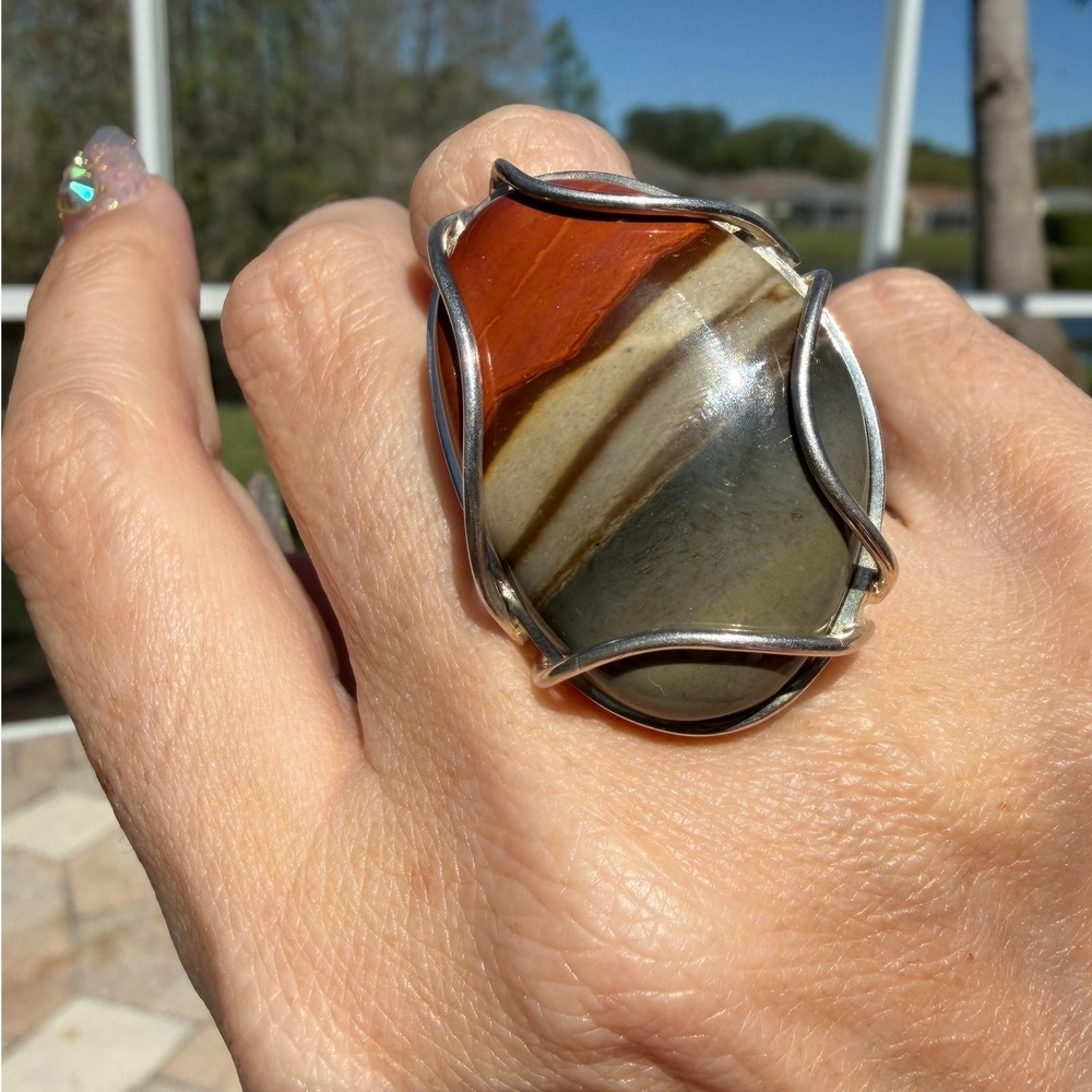 DRT Sterling Silver Banded Jasper Statement Ring Size 5.25 Wire Wrapped 925 HUGE